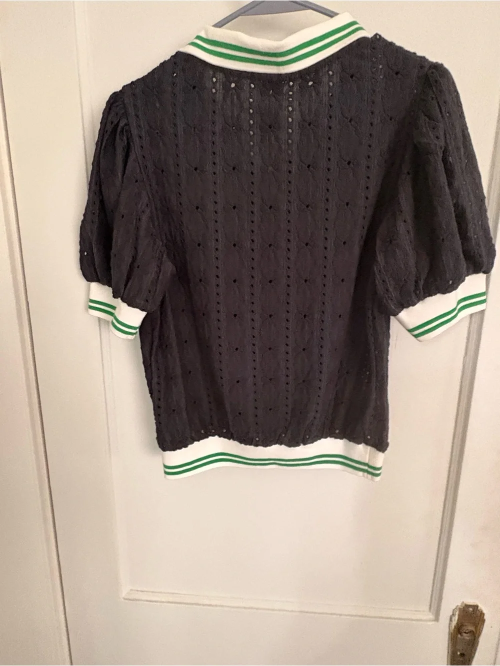Anthropologie Navy Eyelet Polo Top with White & Green Trim